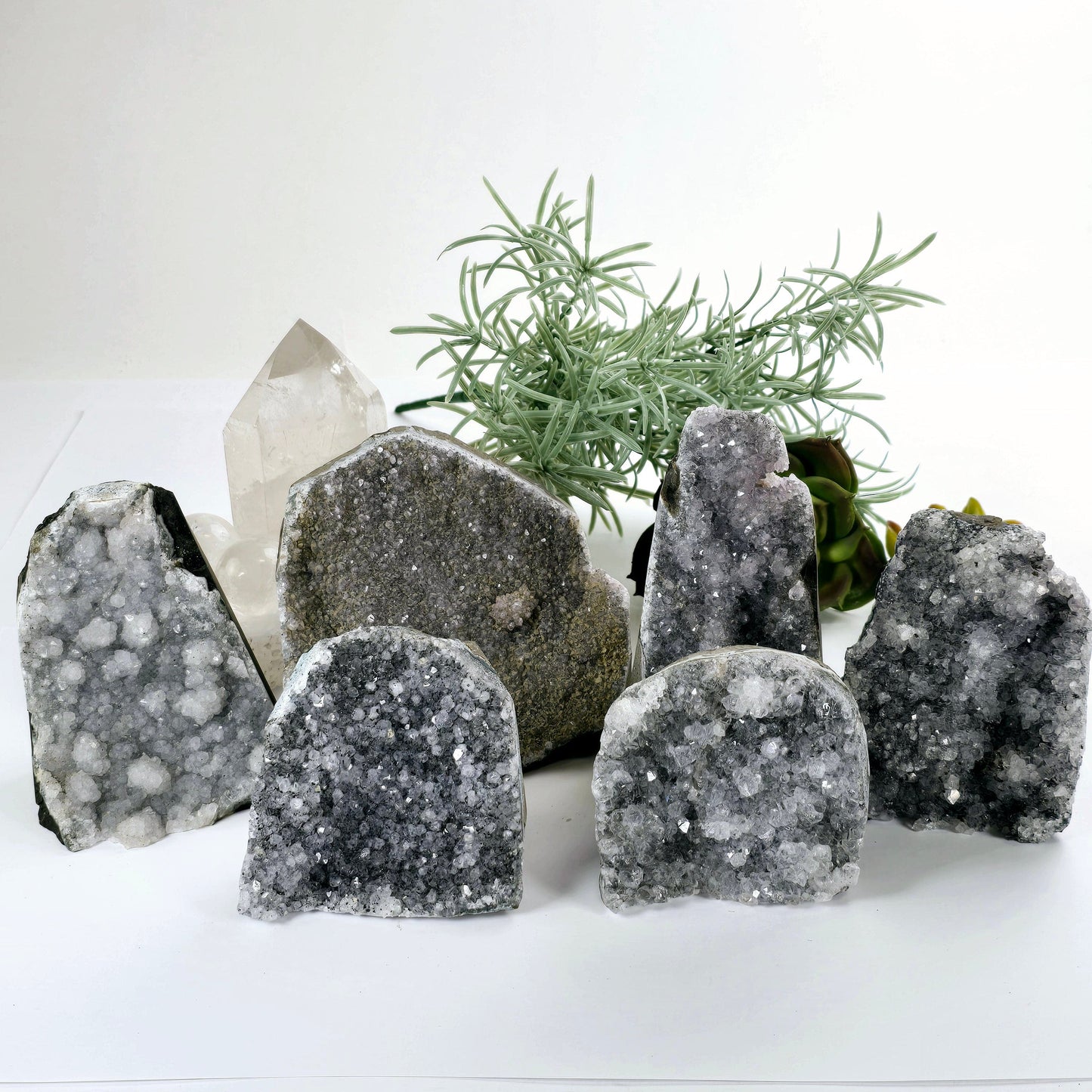 Gray Amethyst Druzy Cluster Crystal Cut Base - You Choose all variants front view with props and plants