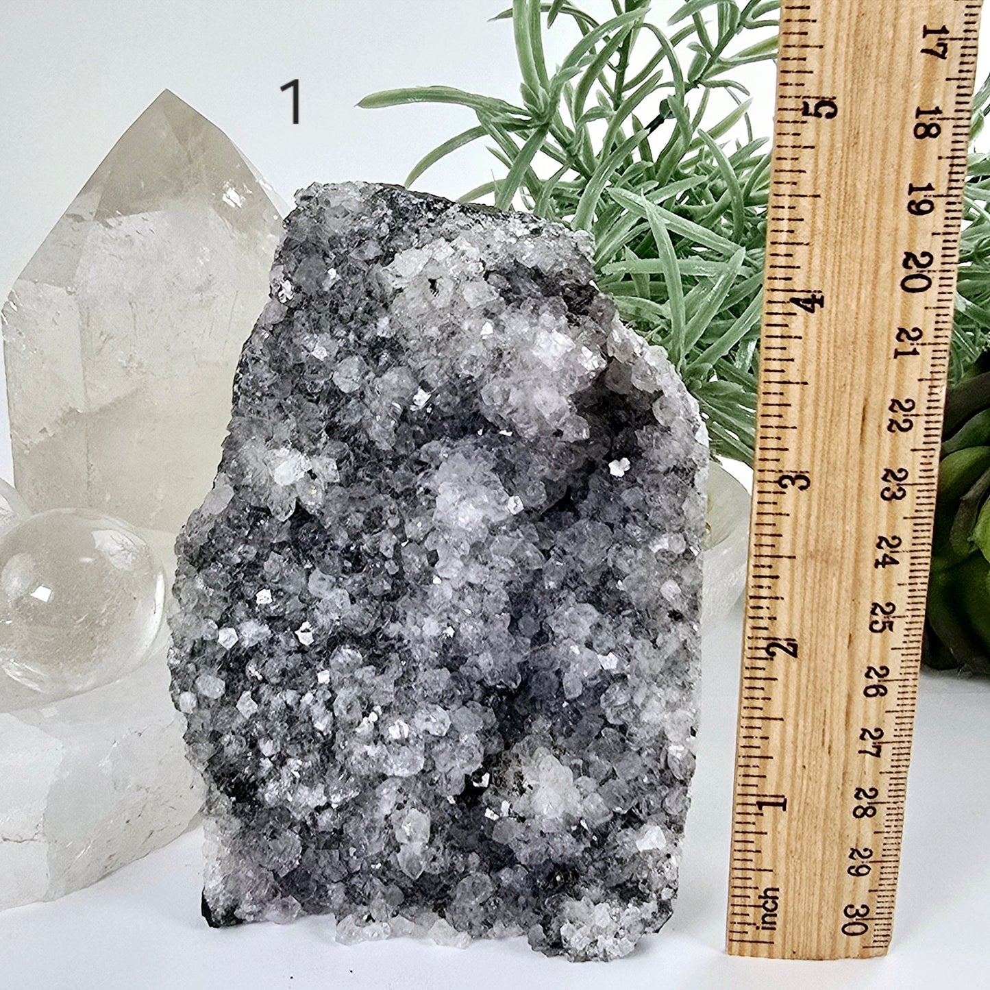 Gray Amethyst Druzy Cluster Crystal Cut Base - You Choose variant 1 labeled with ruler for size reference