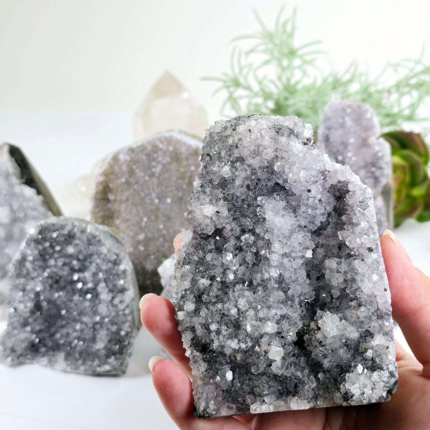 Gray Amethyst Druzy Cluster Crystal Cut Base - You Choose variant 1 in hand with other variants in the background