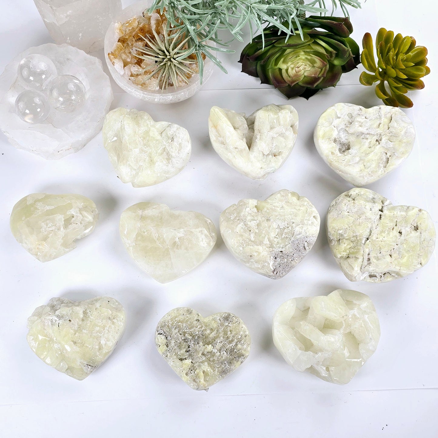 Sulfur Quartz Polished Crystal Cluster Heart - You Choose #2 all variants top view