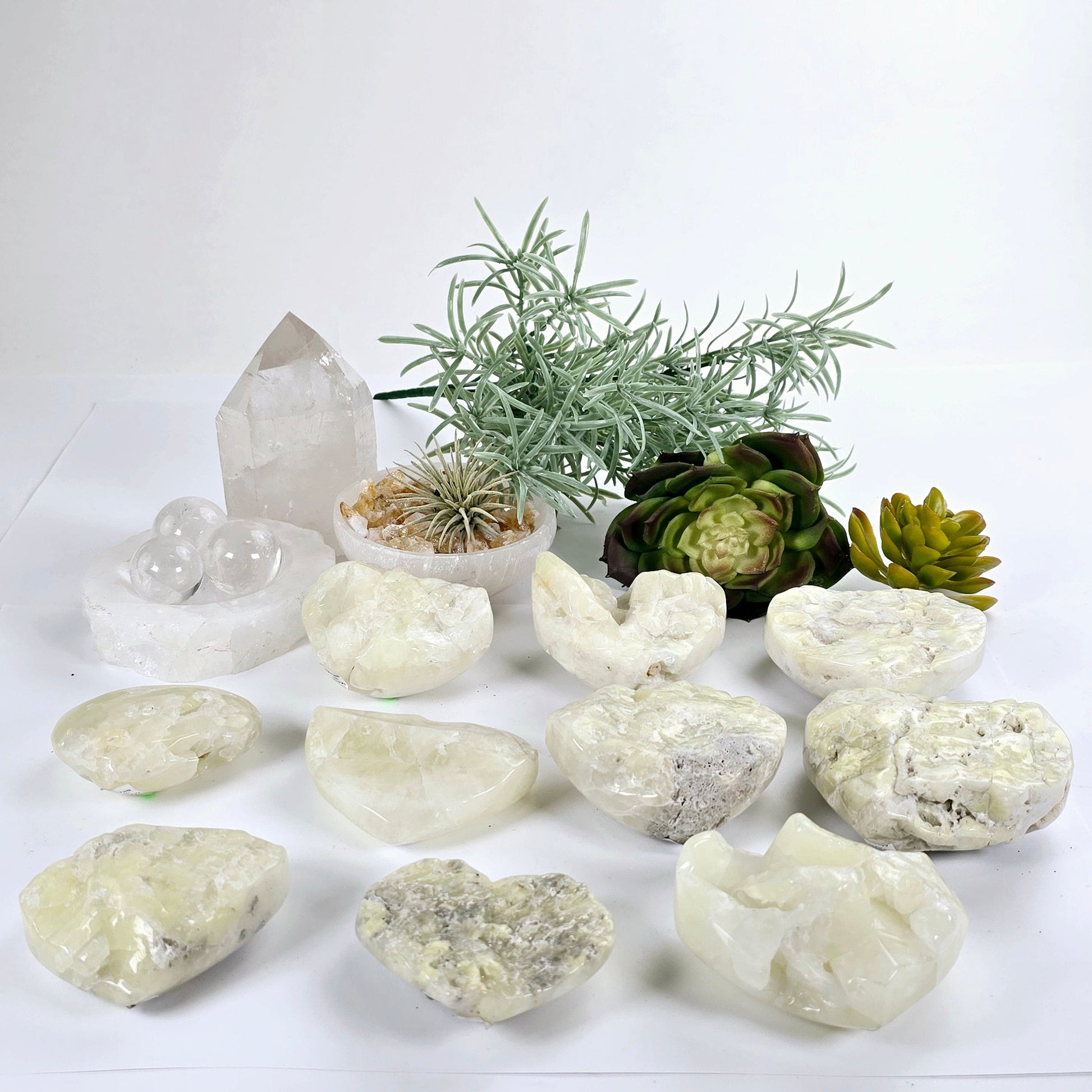 Sulfur Quartz Polished Crystal Cluster Heart - You Choose #2 all variants side view