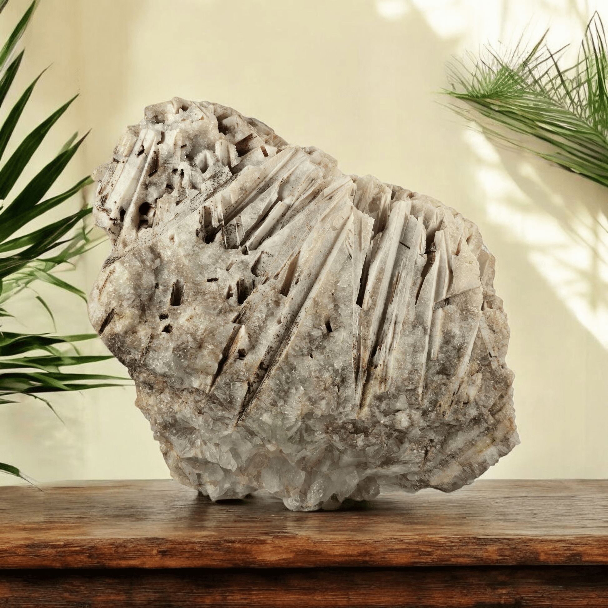 Quartz Pseudomorph after Anhydrite Crystal Specimen - Rare Find front view on wooden table with plants in the background