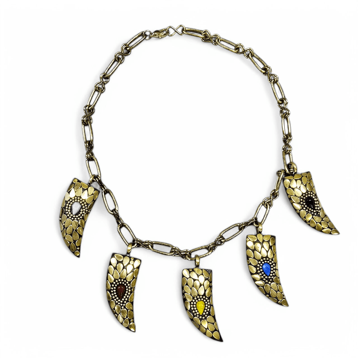 Brass Tibetan Horn with Crystal Teardrop Accent Necklace - One-of-a-Kind - Handmade on white background