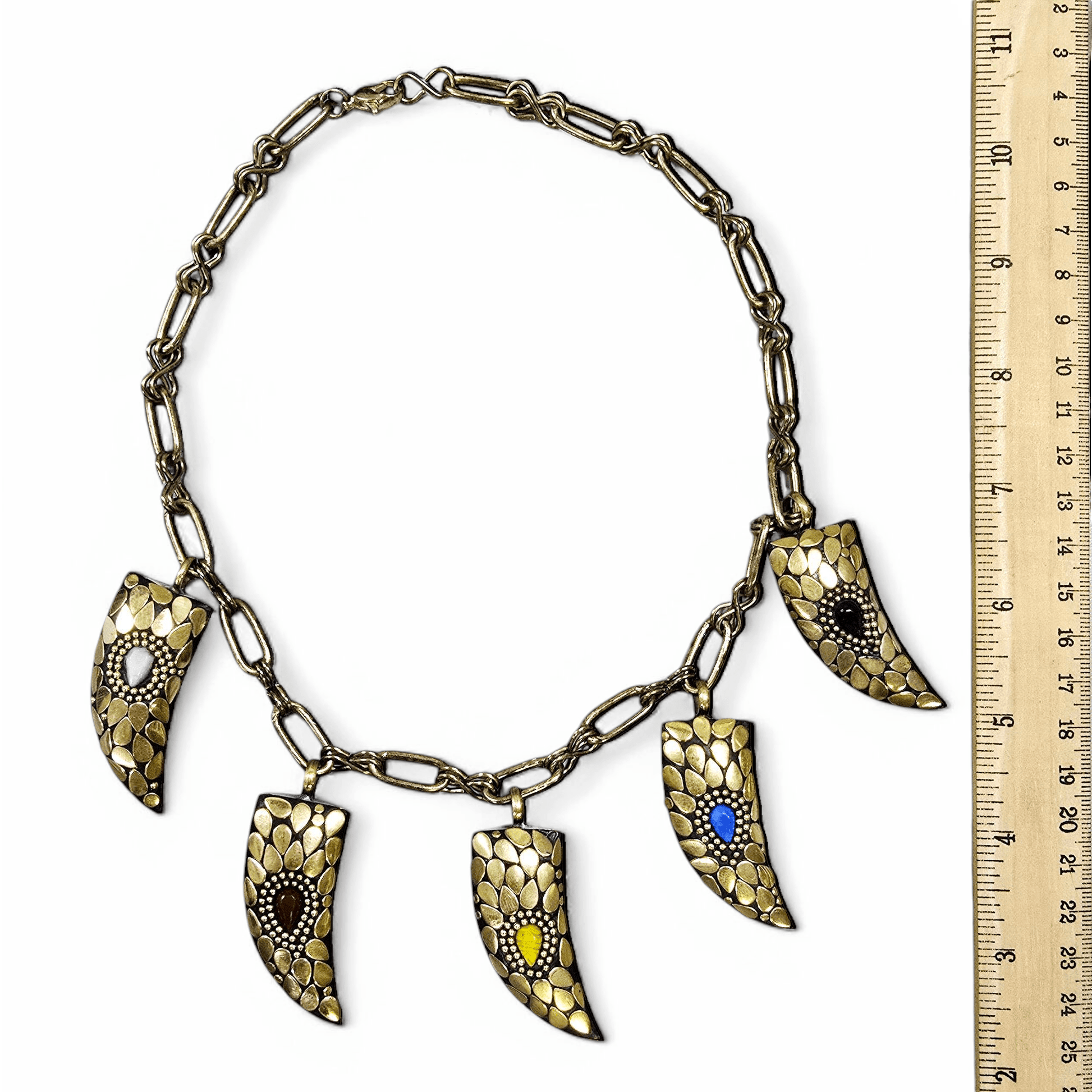 Brass Tibetan Horn with Crystal Teardrop Accent Necklace - One-of-a-Kind - Handmade with ruler for size reference