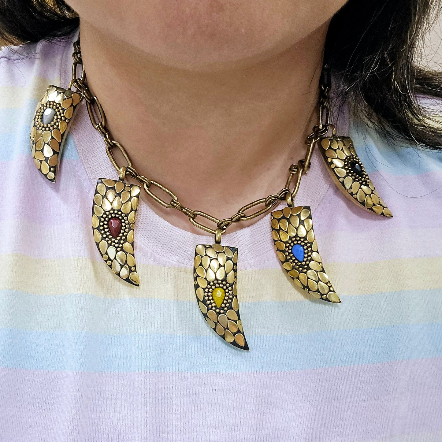 Brass Tibetan Horn with Crystal Teardrop Accent Necklace - One-of-a-Kind - Handmade worn around neck