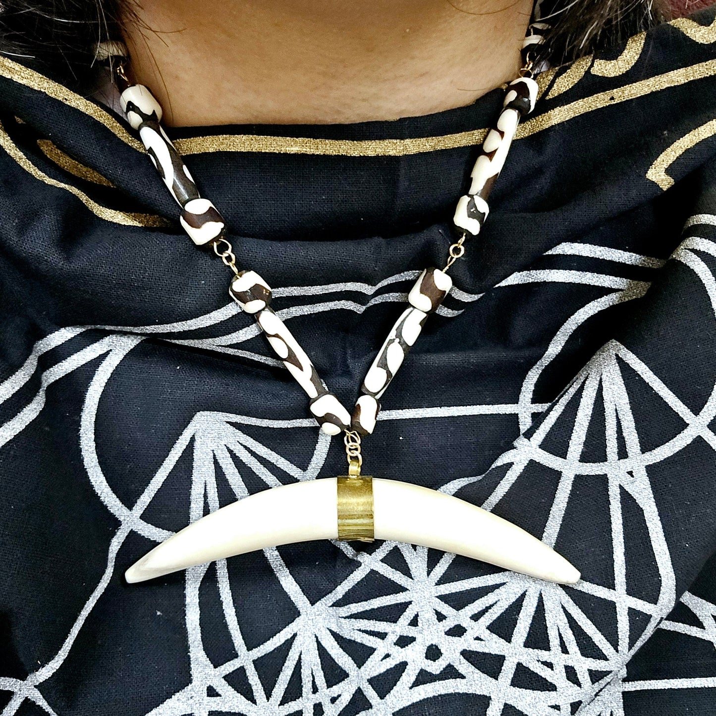 Batik Bone Beaded Gold Fill Necklace with Brass Buffalo Bone Pendant - Fair Trade from Africa and Nepal - Handmade - worn around neck
