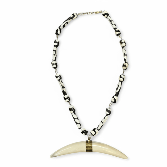 Batik Bone Beaded Gold Fill Necklace with Brass Buffalo Bone Pendant - Fair Trade from Africa and Nepal - Handmade - on white background