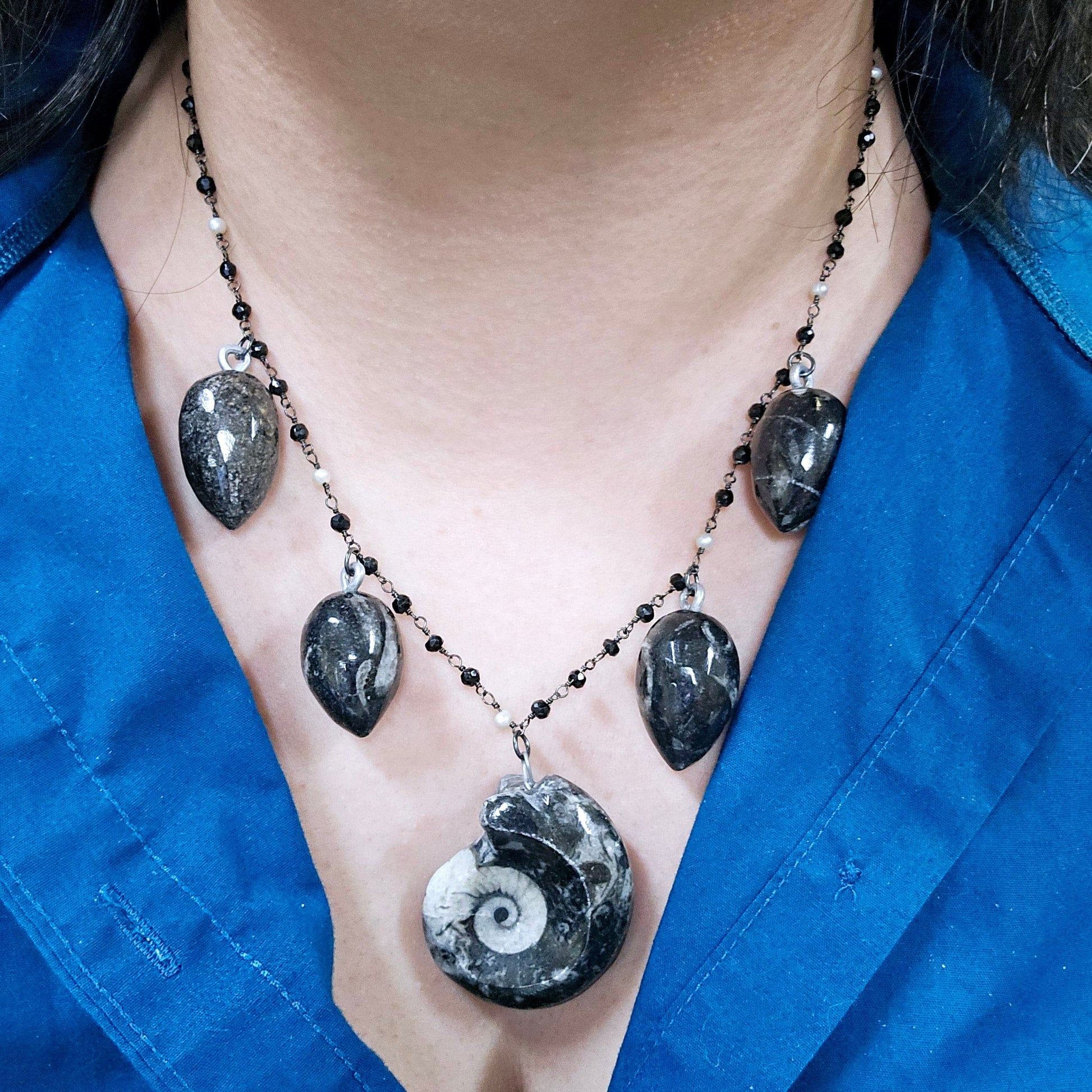 Ammonite and Orthoceras Fossil Charm Necklace with Black Spinel and Pearl Oxidized Sterling Silver Chain - Handmade worn around neck