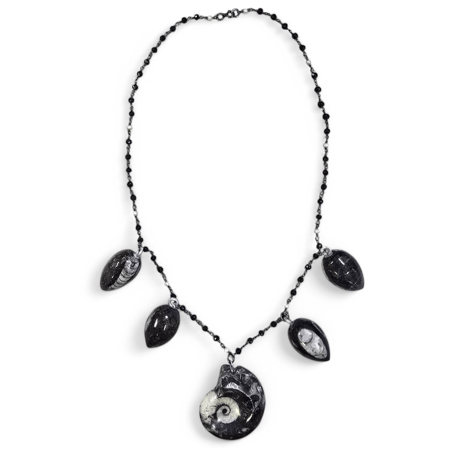 Ammonite and Orthoceras Fossil Charm Necklace with Black Spinel and Pearl Oxidized Sterling Silver Chain - Handmade - on white background