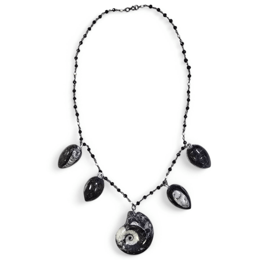 Ammonite and Orthoceras Fossil Charm Necklace with Black Spinel and Pearl Oxidized Sterling Silver Chain - Handmade - on white background