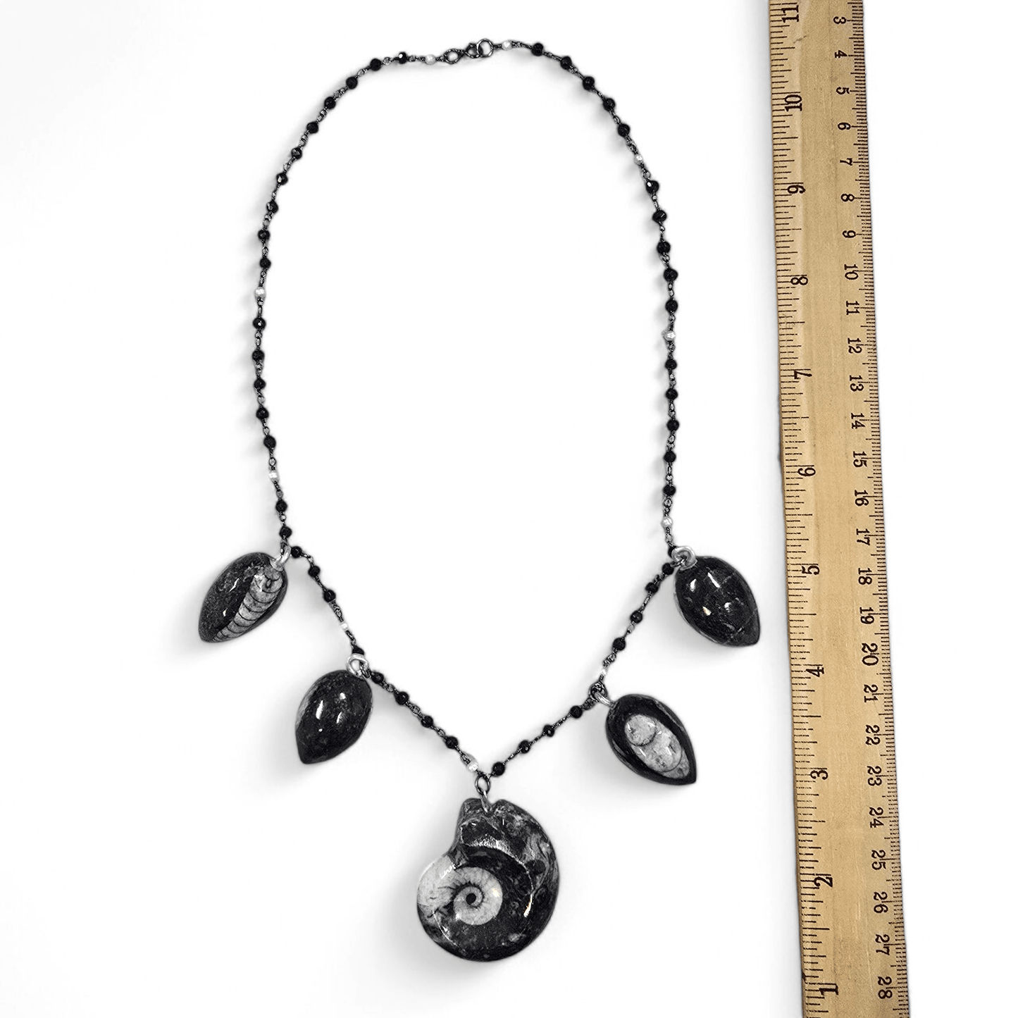 Ammonite and Orthoceras Fossil Charm Necklace with Black Spinel and Pearl Oxidized Sterling Silver Chain - Handmade with ruler for size reference
