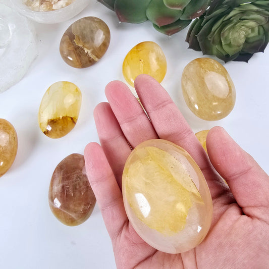 Golden Healer Crystal Palm Stone one in hand for size reference with more in the background with props and plants