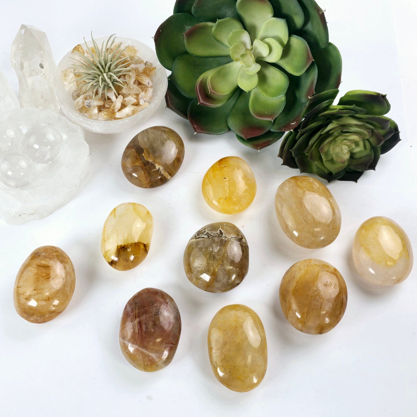 Golden Healer Crystal Palm Stone top view with props and plants