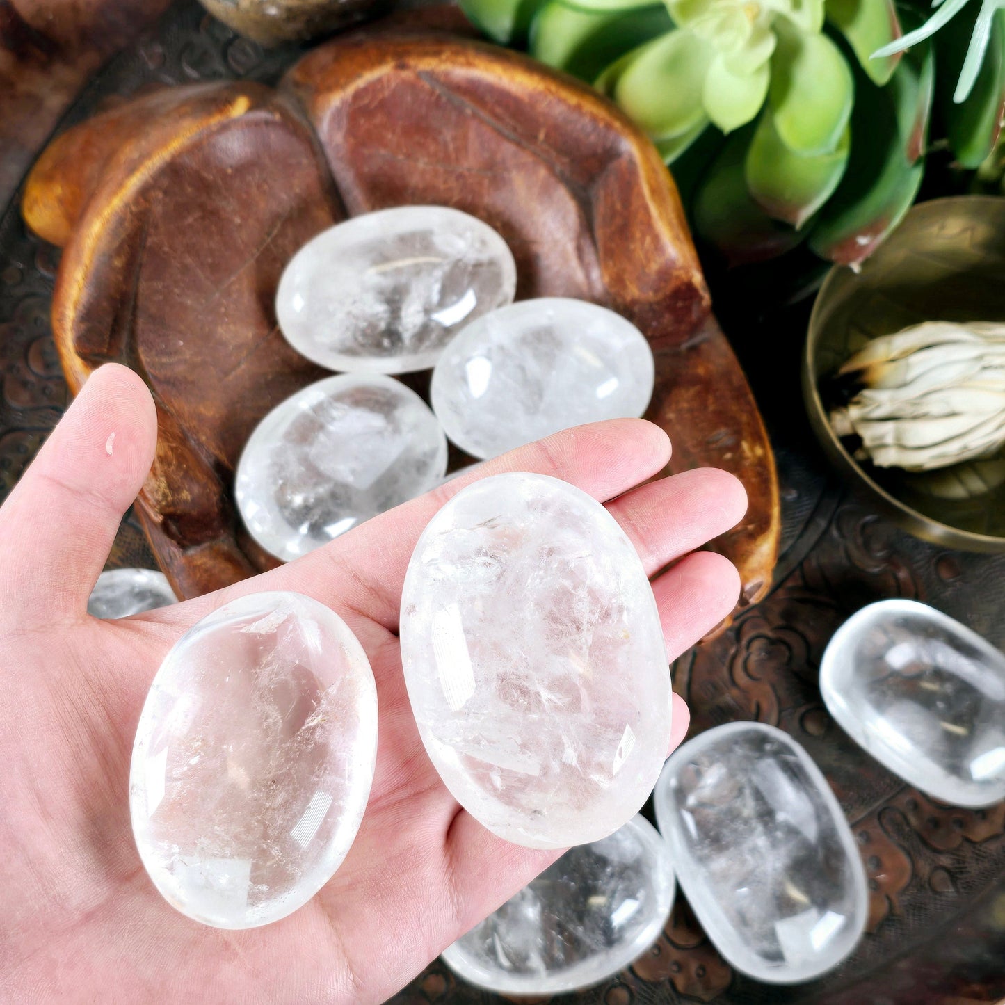 Crystal Quartz Palm Stone - By Weight both variants in hand with more in background with props and plants