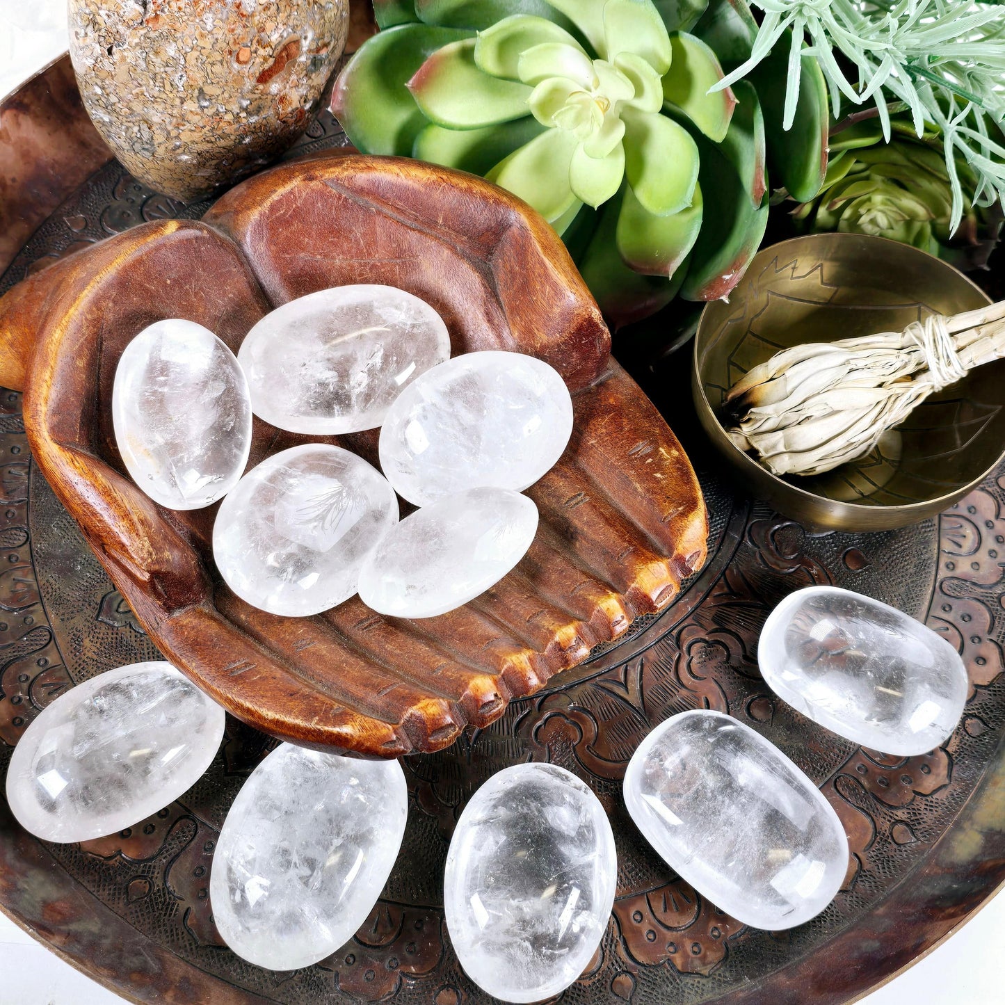 Crystal Quartz Palm Stone - By Weight all variants in bowl and on platter with props and plants
