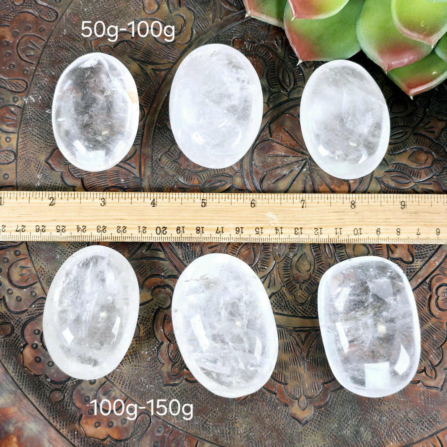 Crystal Quartz Palm Stone - By Weight all variants with ruler for size reference labeled