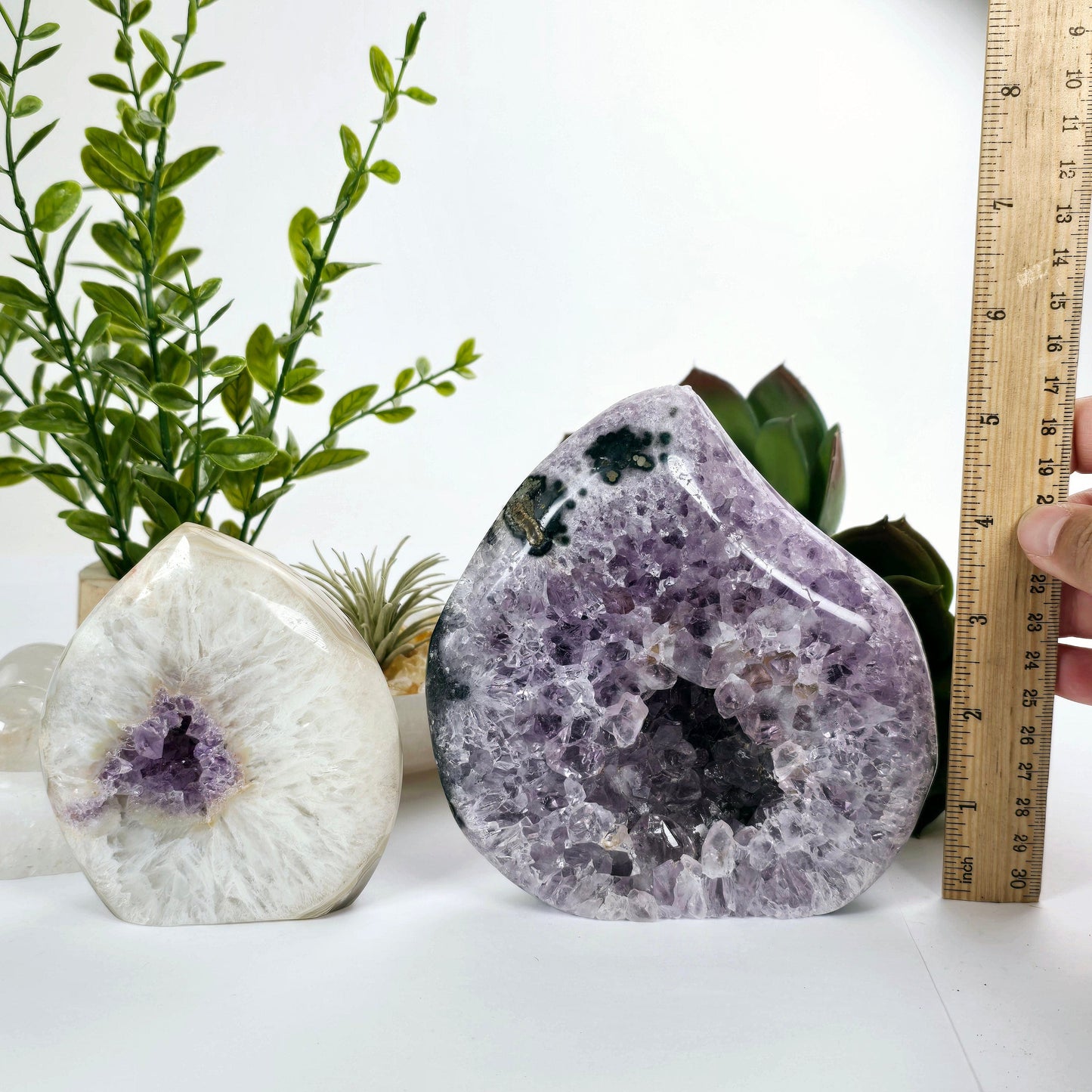 Amethyst Teardrop Crystal Cut Base - You Choose #1 front view both variants with ruler for size reference