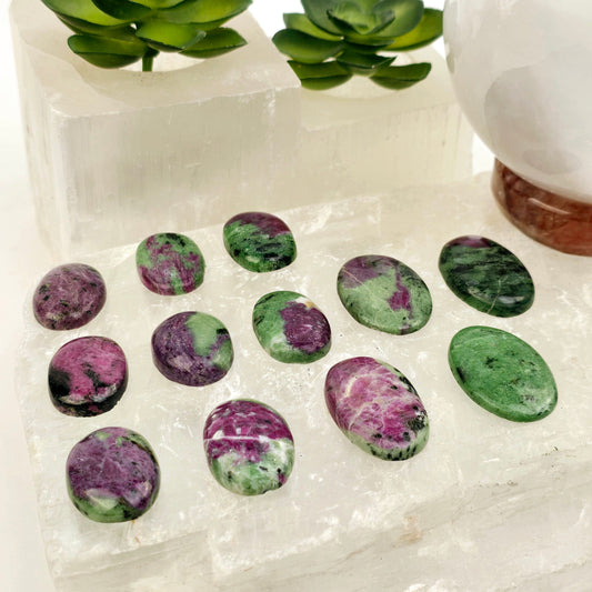 Ruby Zoisite - Anyolite - Crystal Oval Cabochon - You Choose all variants side view with props and plants
