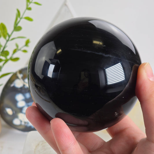 Black Agate Crystal Sphere - One-of-a-Kind in hand for size reference with props and plants in the background