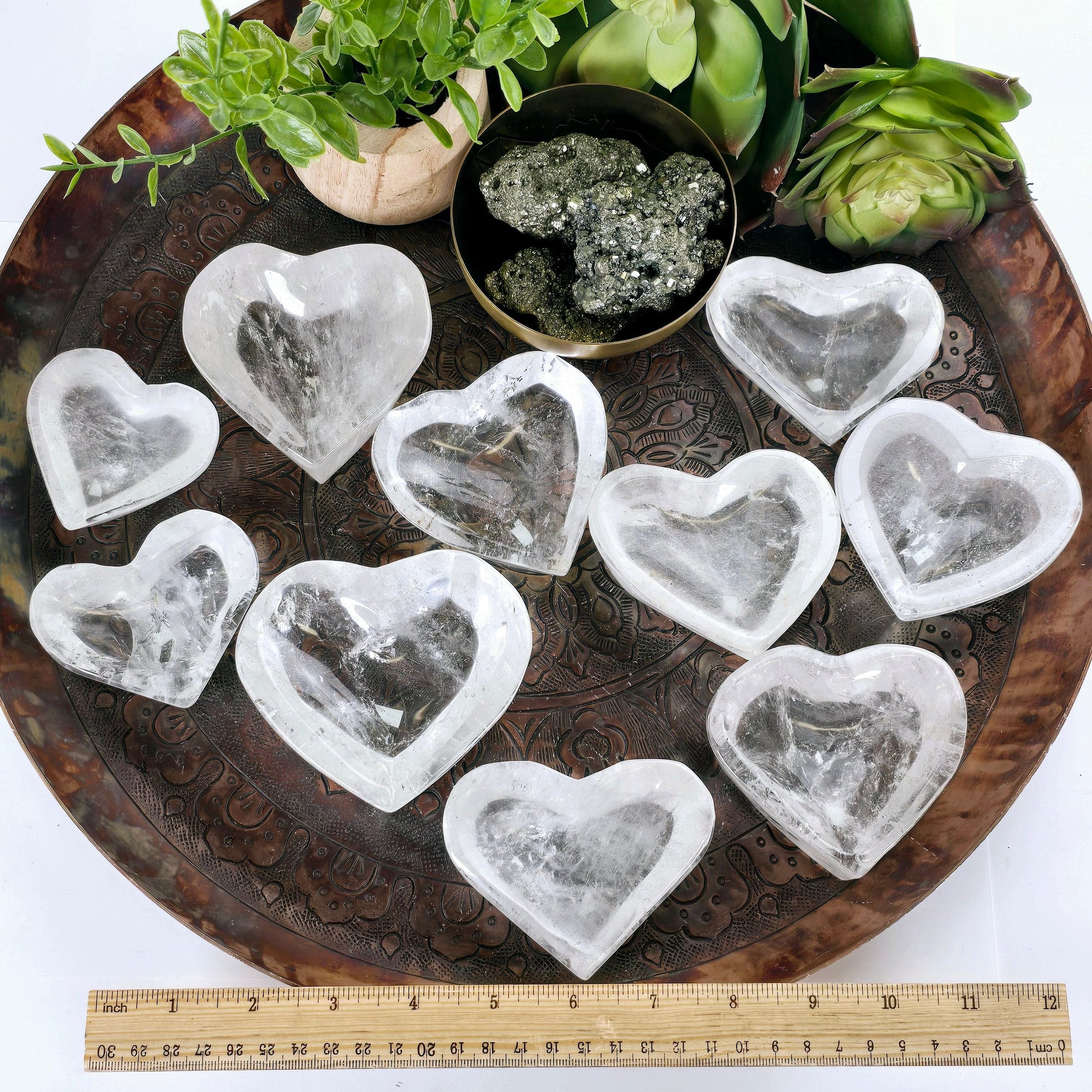 Crystal Quartz Heart Dish - You Choose #2 all variants with ruler for size reference