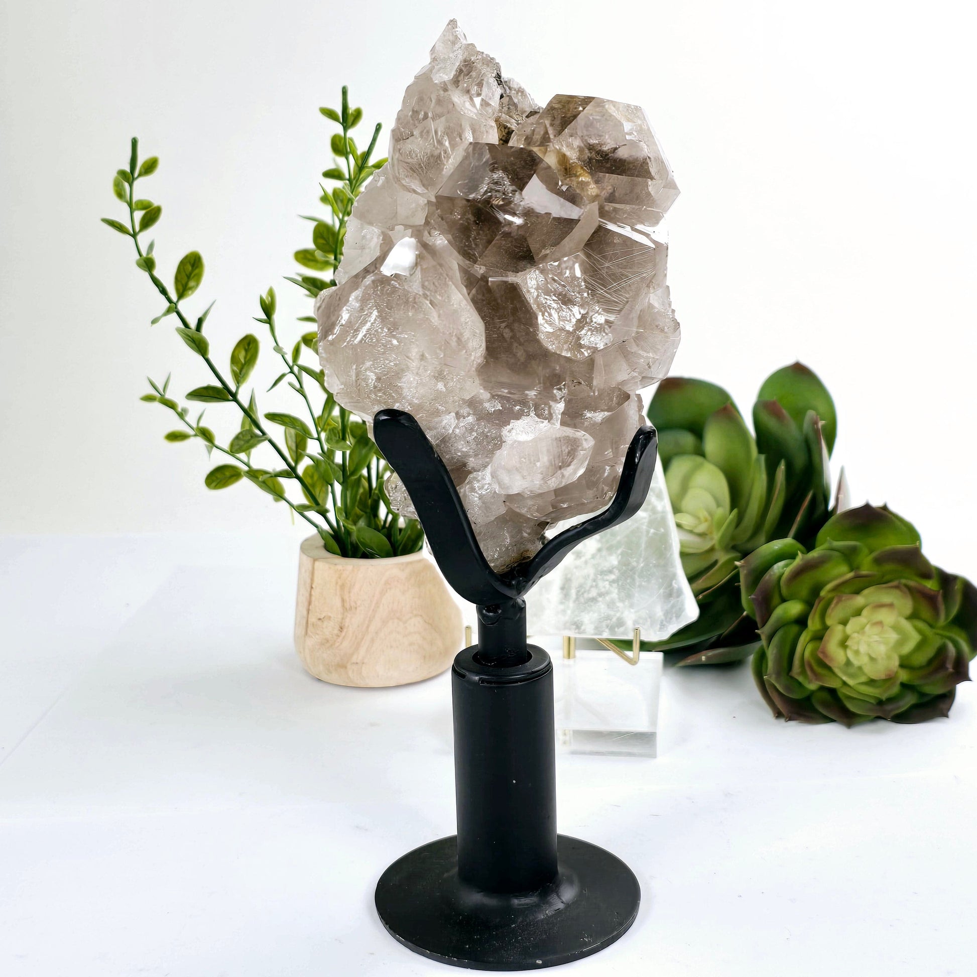 Rutilated Natural Smokey Citrine Crystal Cluster on Rotating Stand back view