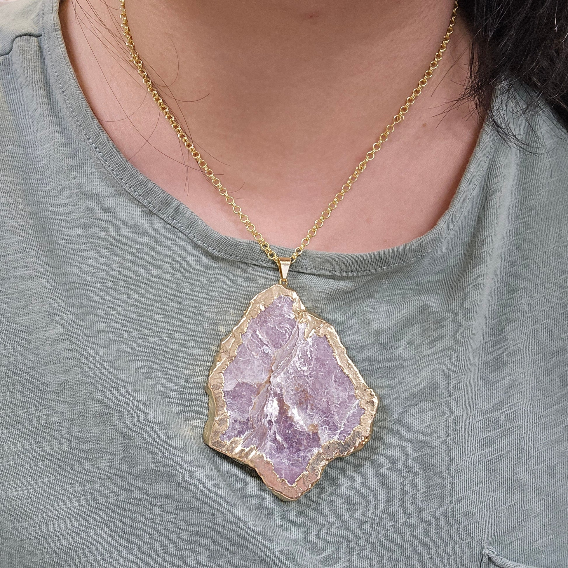 Lepidolite with Mica and Muscovite Crystal Necklace - 24k Gold Electroplated - You Choose variant 1 worn