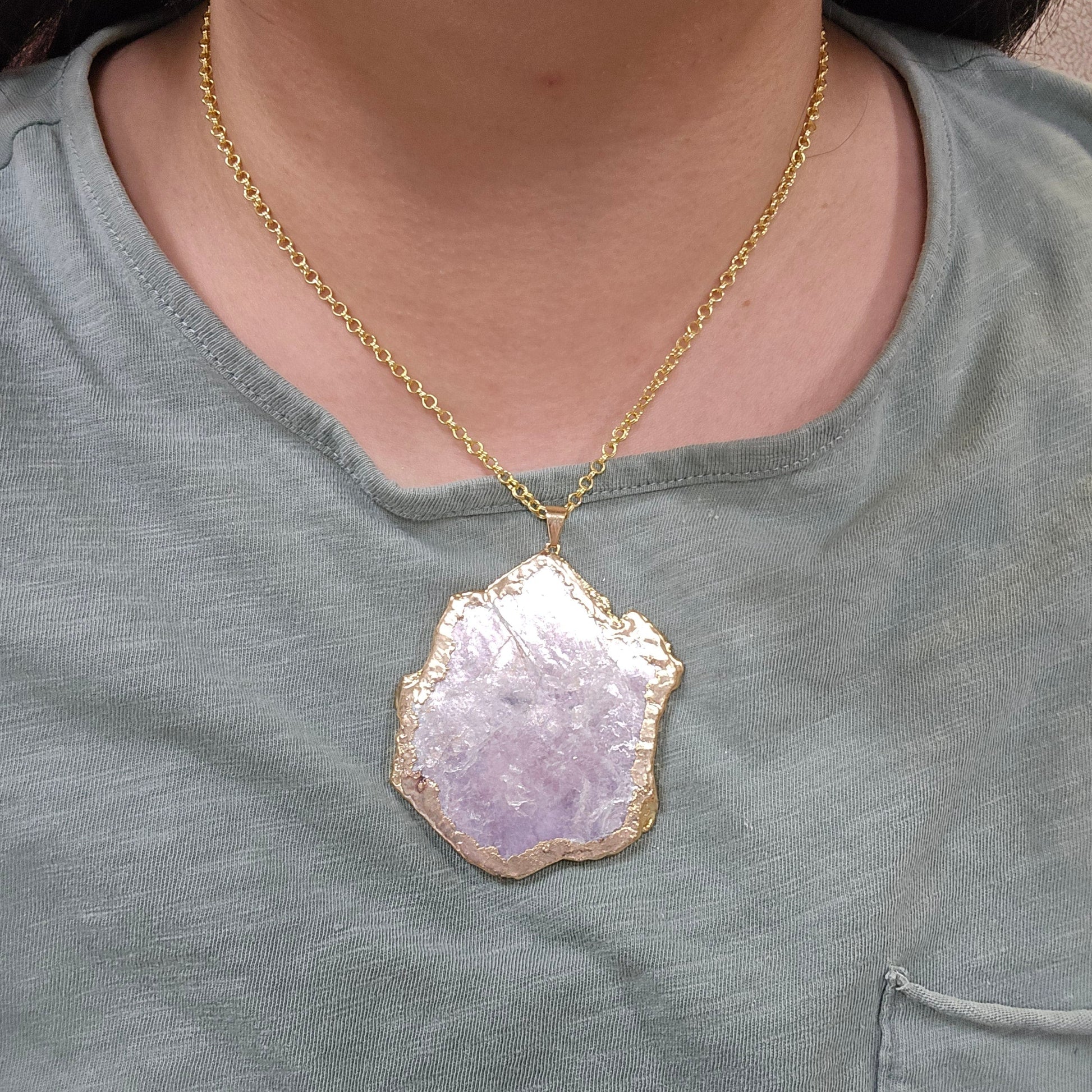 Lepidolite with Mica and Muscovite Crystal Necklace - 24k Gold Electroplated - You Choose variant 2 worn