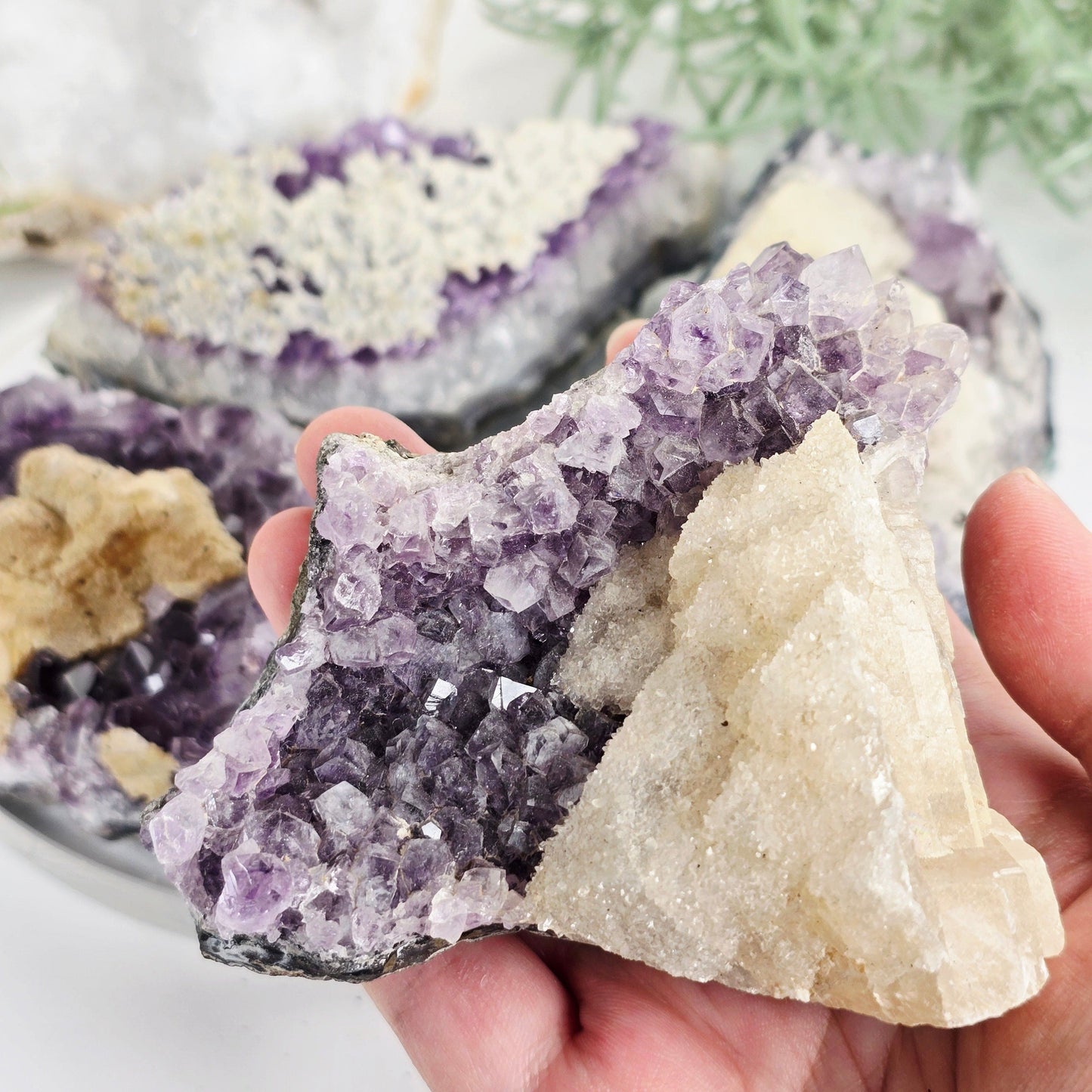 Amethyst with Calcite Crystal Cluster - You Choose #3 variant 1 in hand for size reference with other variants in the background