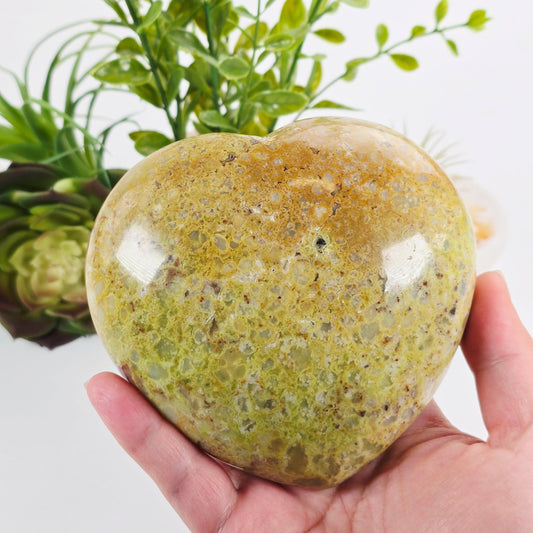 Green Pistachio Opal Crystal Heart - One-of-a-Kind #2 in hand for size reference with plants in the background