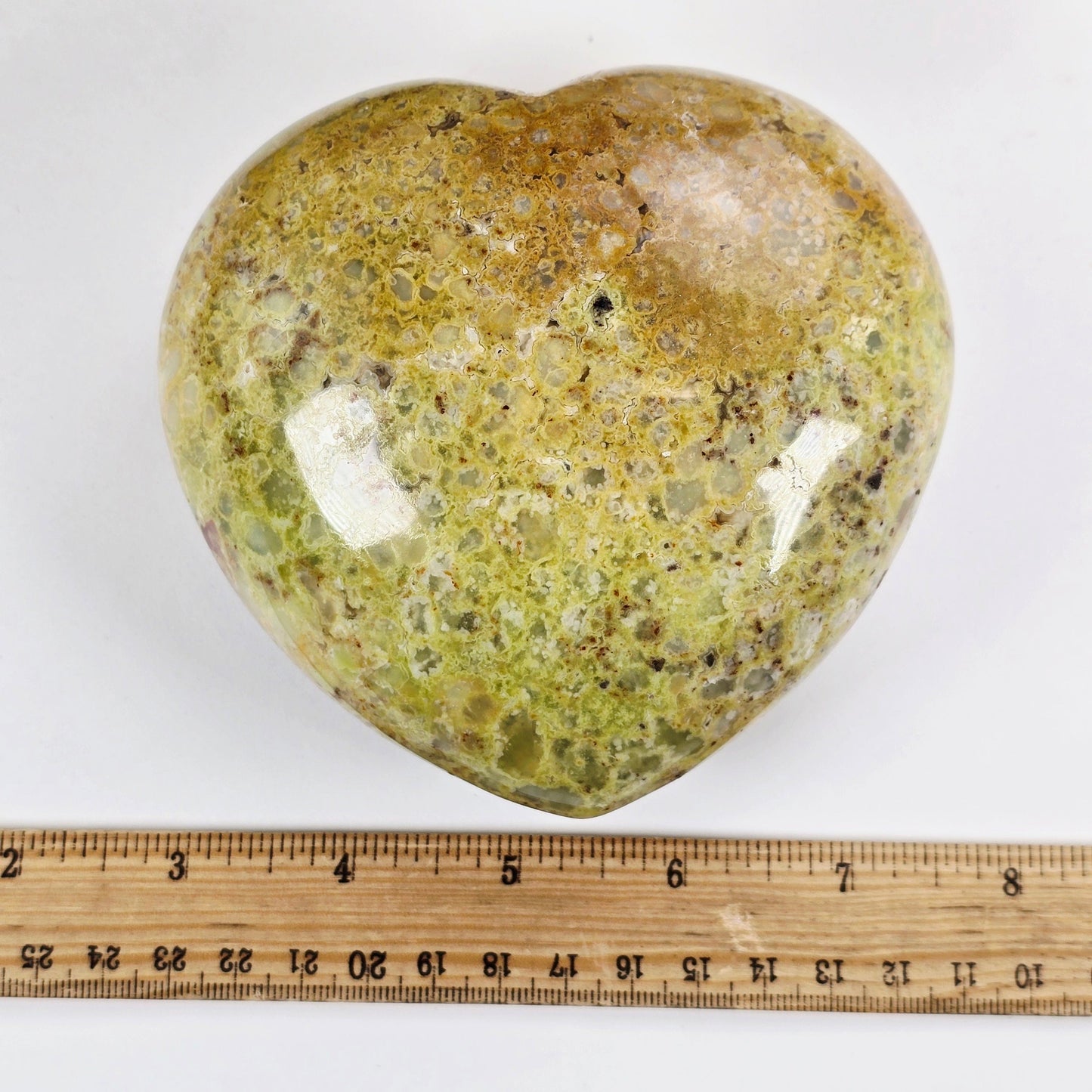 Green Pistachio Opal Crystal Heart - One-of-a-Kind #2 with ruler for size reference