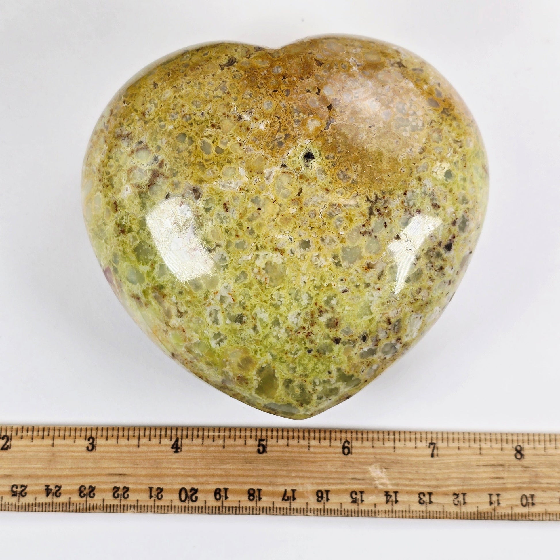 Green Pistachio Opal Crystal Heart - One-of-a-Kind #2 with ruler for size reference