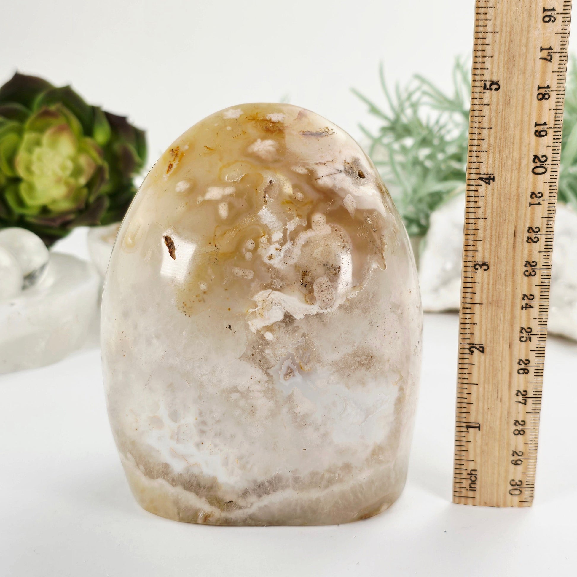 Flower Agate Crystal Cut Base - One-of-a-Kind with ruler for size reference