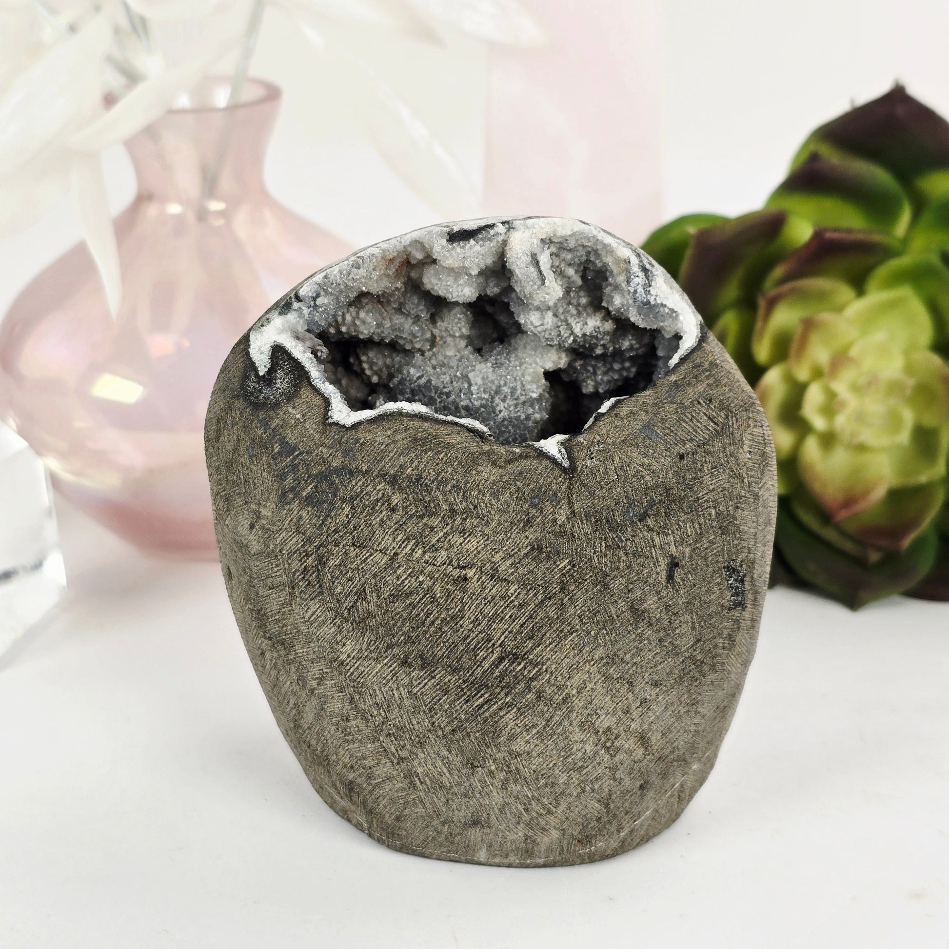 Zeolite Apophyllite and Chalcedony Druzy Crystal Geode Cut Base - One-of-a-Kind front view with props and plants in the background