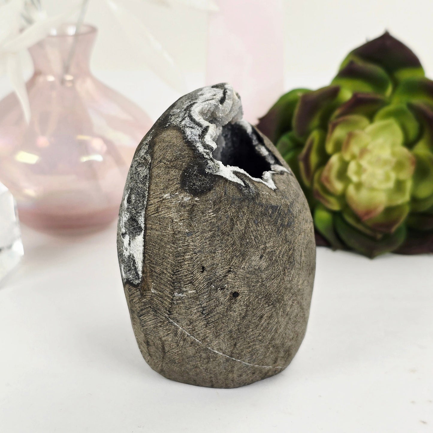Zeolite Apophyllite and Chalcedony Druzy Crystal Geode Cut Base - One-of-a-Kind side view