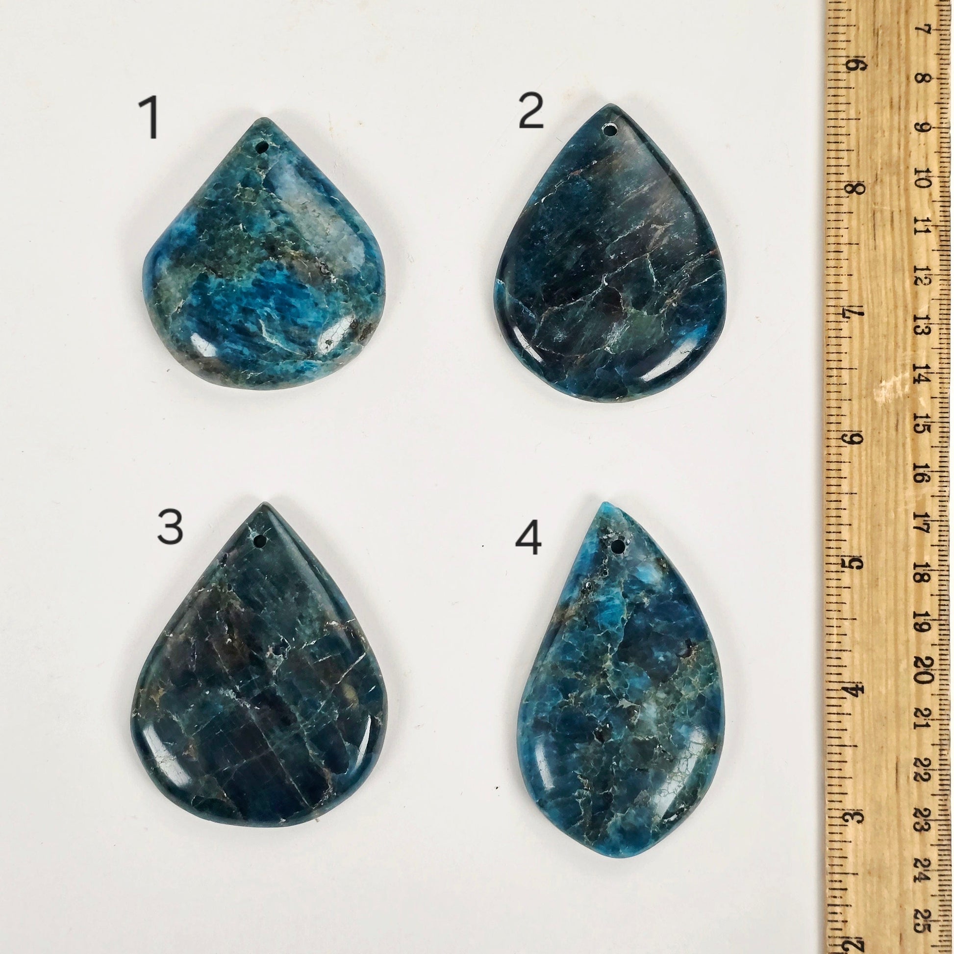 Apatite Polished Crystal Teardrop Pendant - You Choose variants 1, 2, 3, and 4 labeled with ruler for size reference
