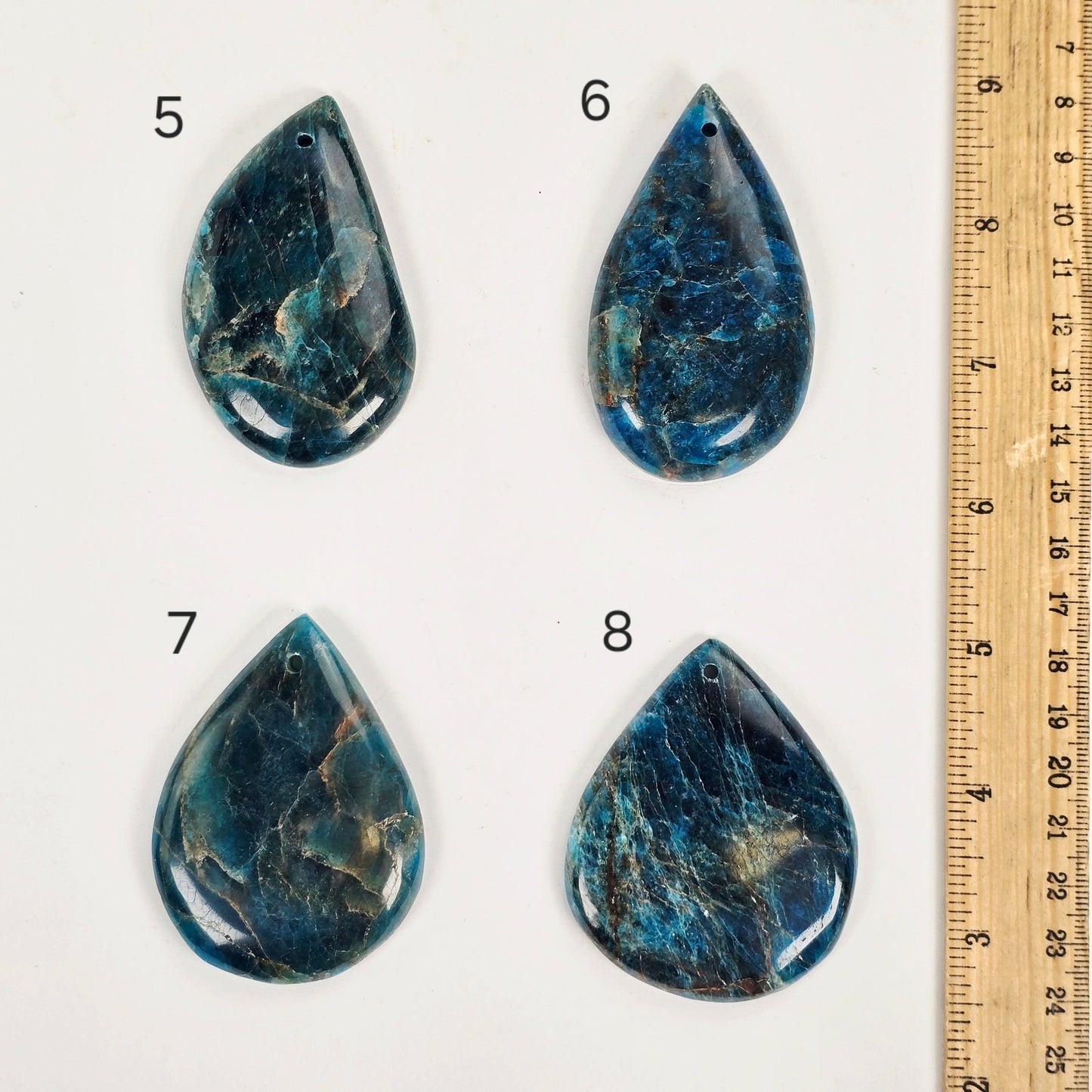 Apatite Polished Crystal Teardrop Pendant - You Choose variants 5, 6, 7, and 8 labeled with ruler for size reference