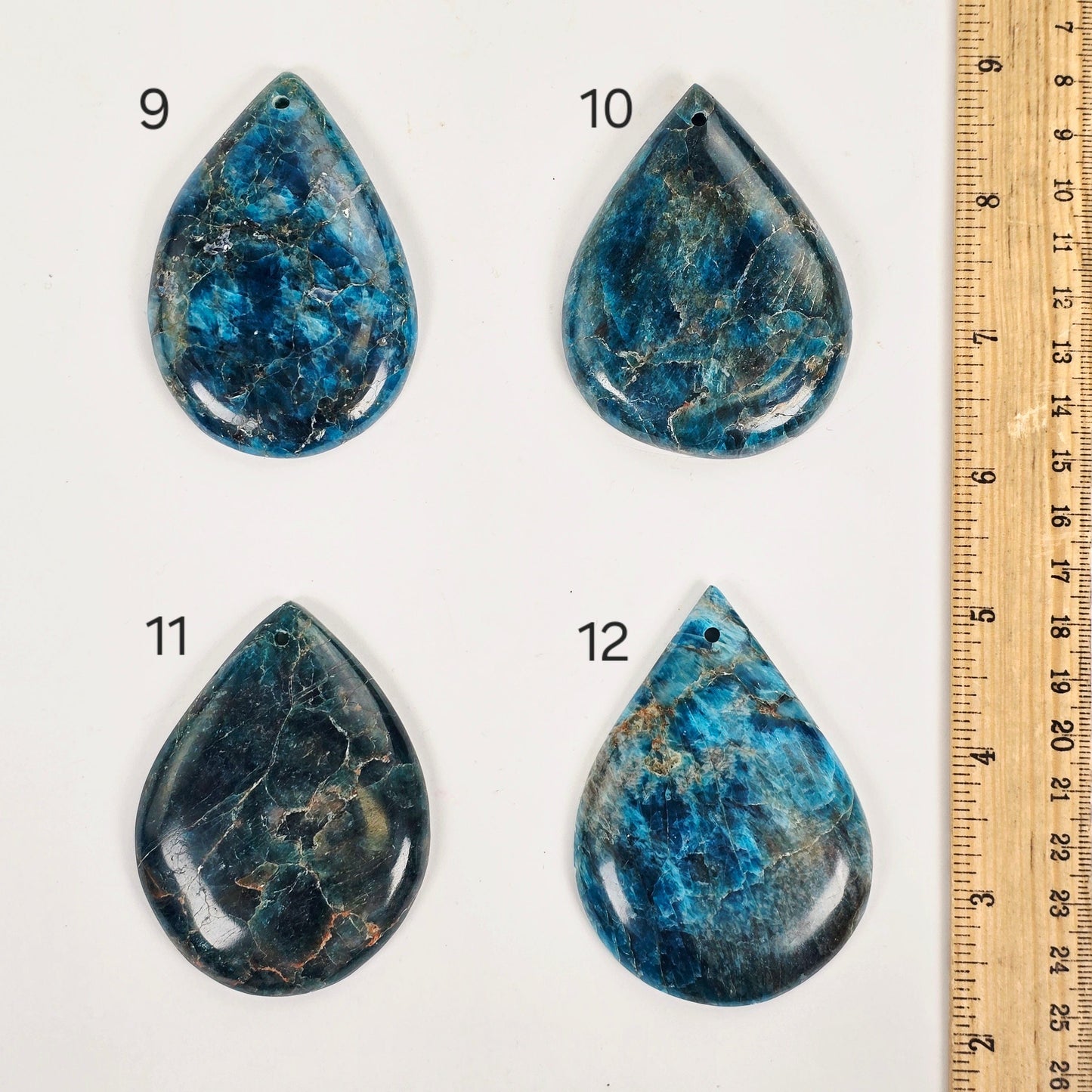 Apatite Polished Crystal Teardrop Pendant - You Choose variants 9, 10, 11, and 12 labeled with ruler for size reference