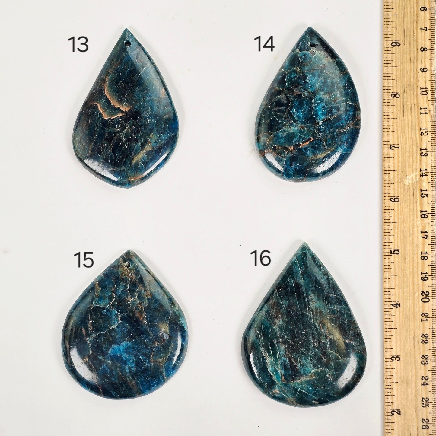Apatite Polished Crystal Teardrop Pendant - You Choose variants 13, 14, 15, and 16 labeled with ruler for size reference
