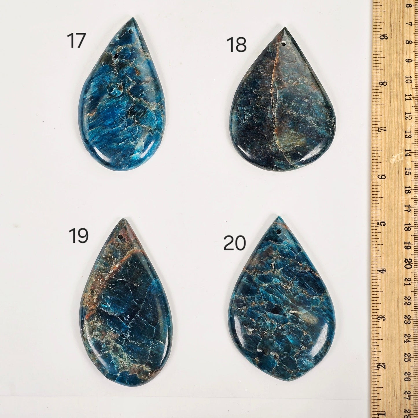 Apatite Polished Crystal Teardrop Pendant - You Choose variants 17, 18, 19, and 20 labeled with ruler for size reference