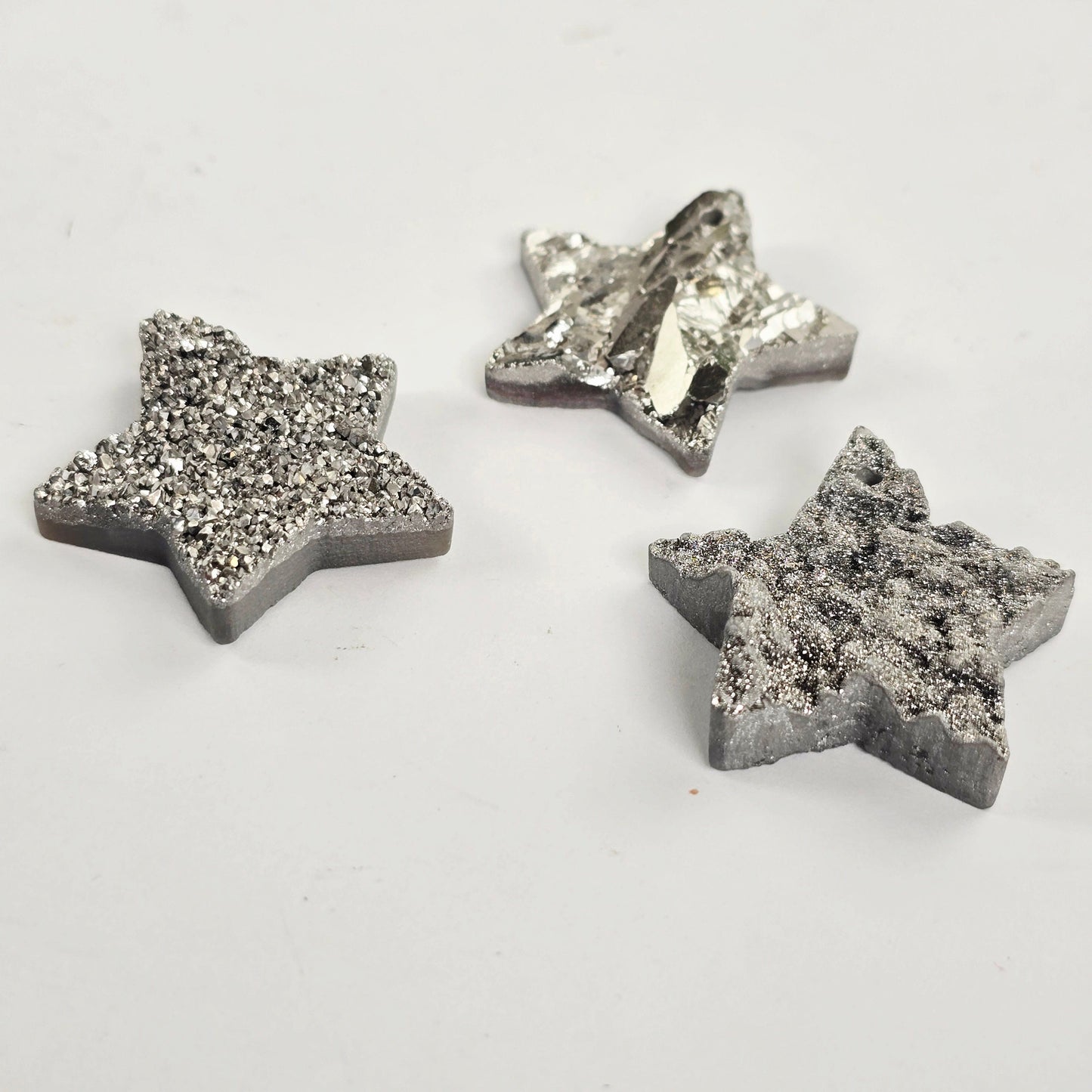 Mystic Silver Titanium Coated Druzy Crystal Star Pendants - Top Front Drilled three shown side view