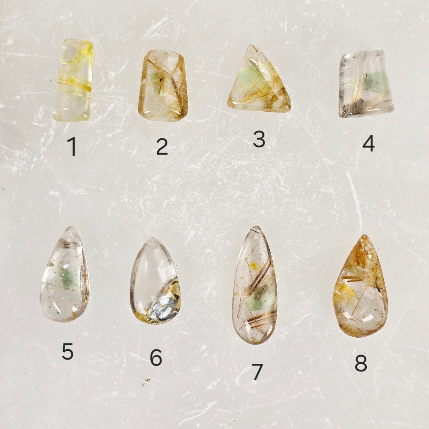 Rutilated Quartz Crystal Pendant - You Choose variants 1, 2, 3, 4, 5, 6, 7, and 8 labeled