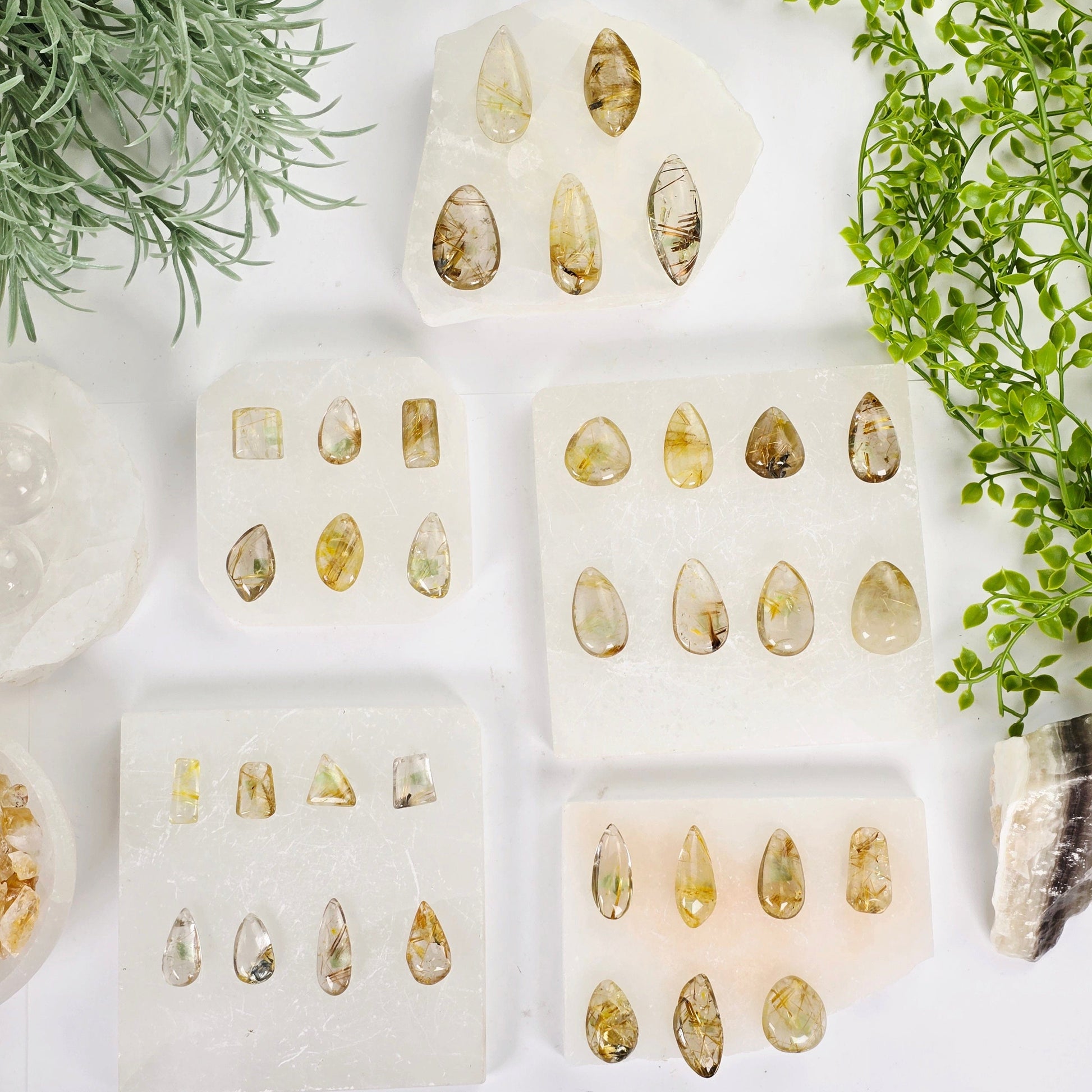 Rutilated Quartz Crystal Pendant - You Choose all variants with props and plants top view