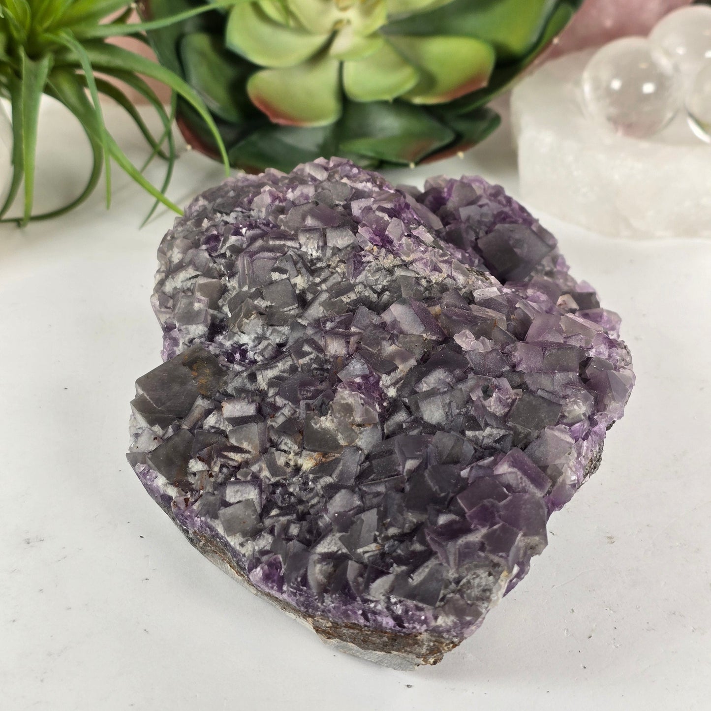 Purple Cubic Fluorite Crystal Cluster on Matrix #1 side view