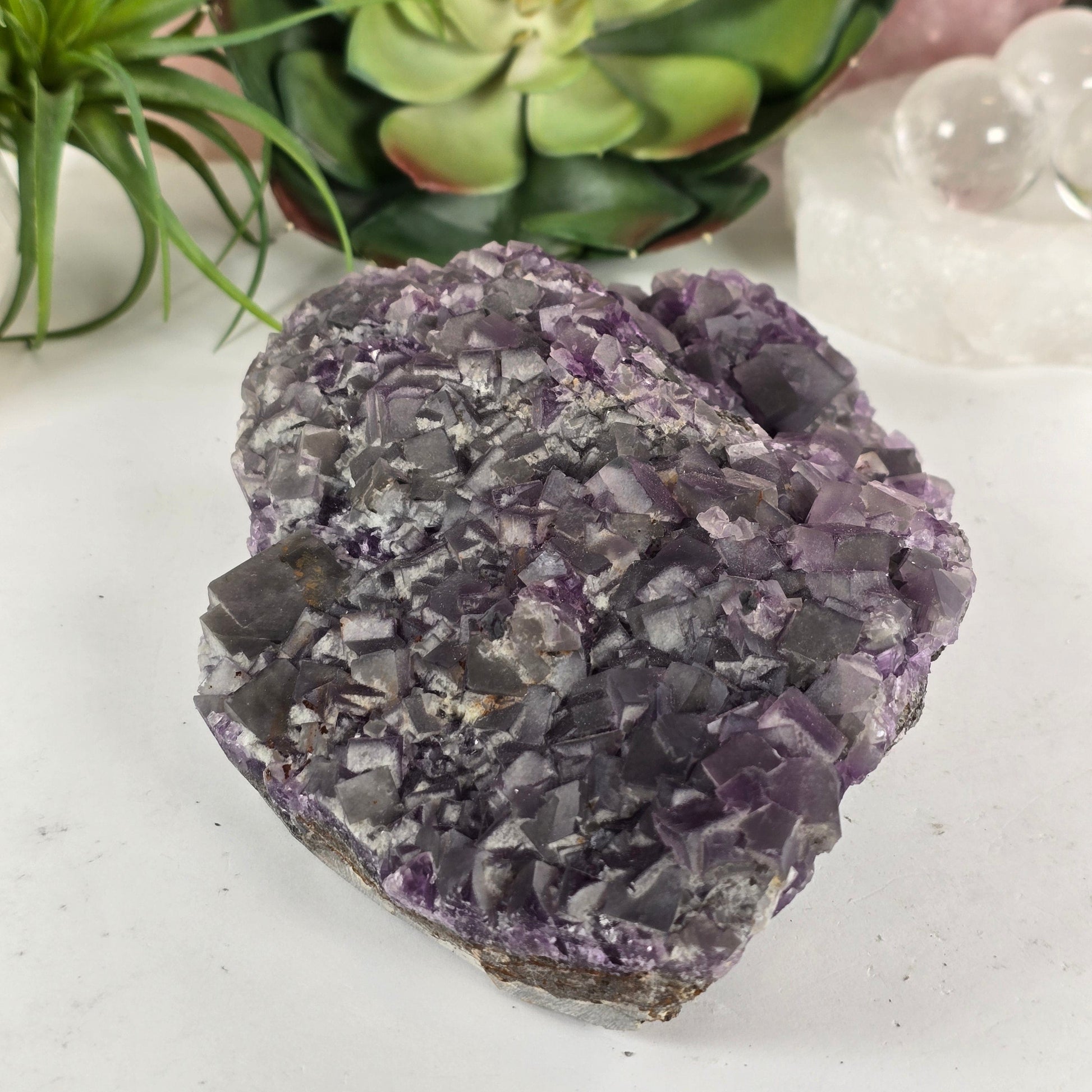 Purple Cubic Fluorite Crystal Cluster on Matrix #1 side view