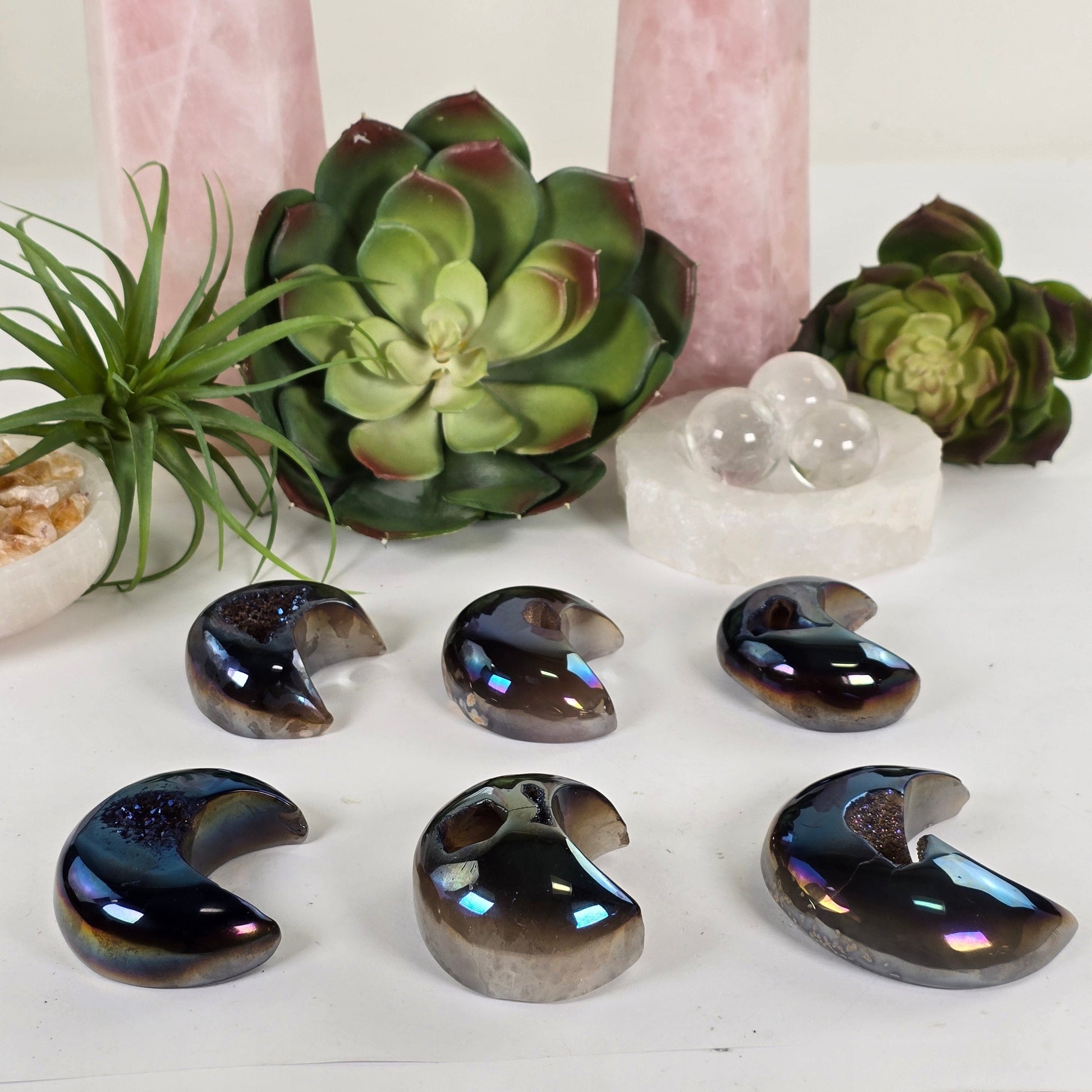 Mystic Blue Titanium Coated Agate Geode Crystal Moon - You Choose side view