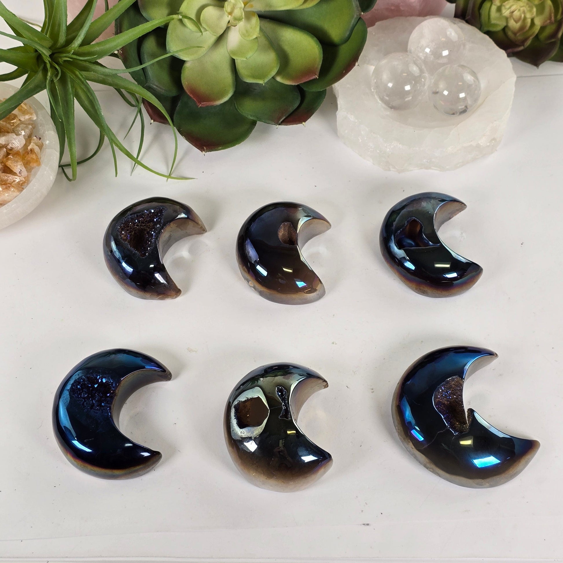 Mystic Blue Titanium Coated Agate Geode Crystal Moon - You Choose all variants top view