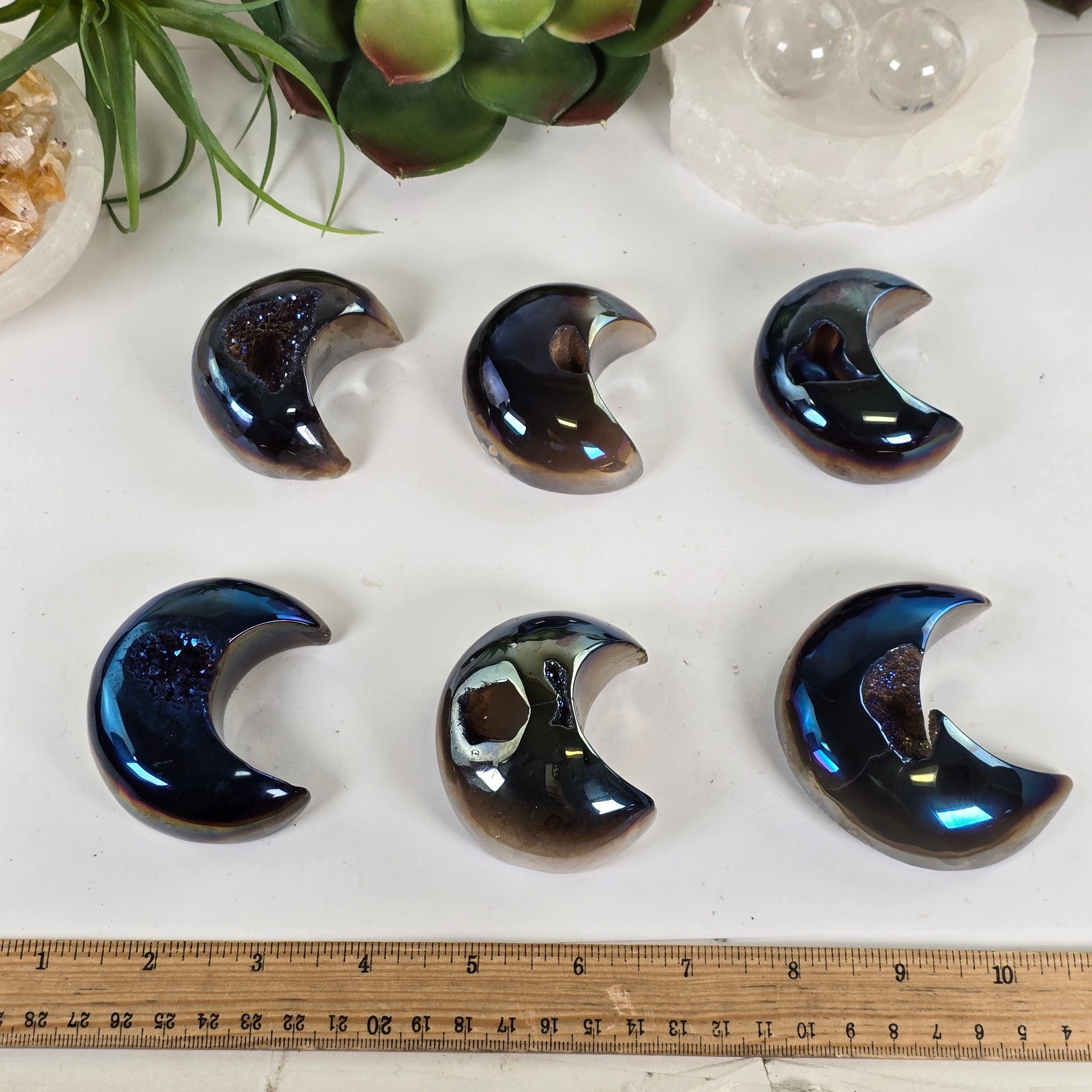 Mystic Blue Titanium Coated Agate Geode Crystal Moon - You Choose all variants with ruler for size reference