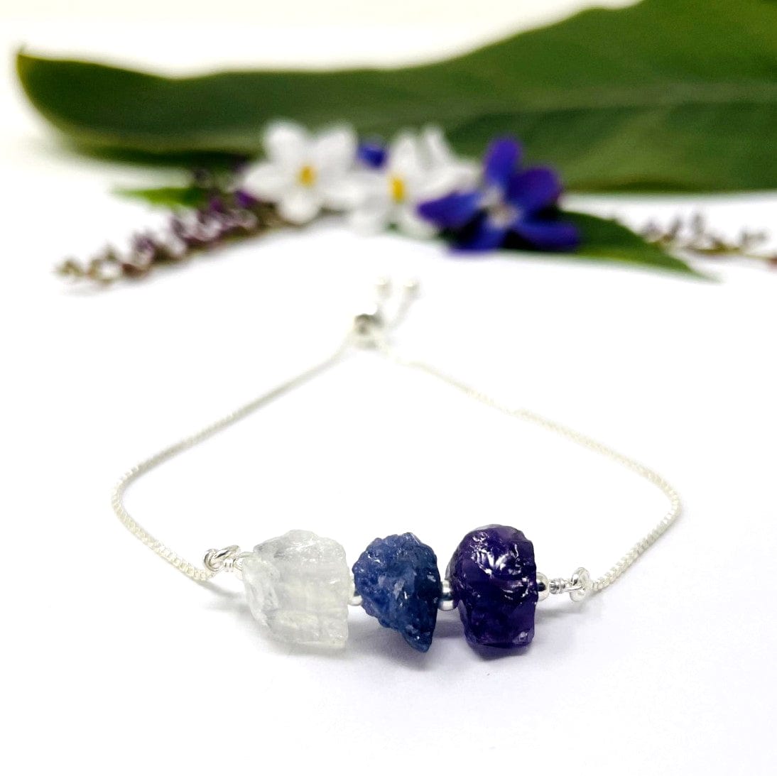 close up of Crown Chakra bracelet - Moonstone, Tanzanite, and Amethyst