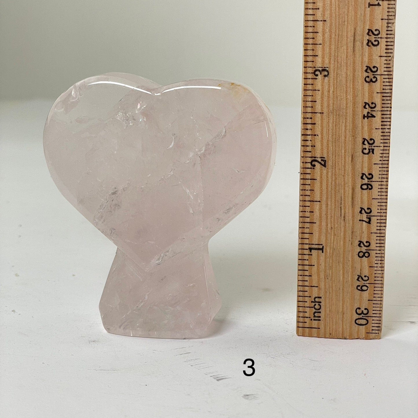 Rose Quartz Crystal Heart on Stand - You Choose variant 3 labeled with ruler for size reference