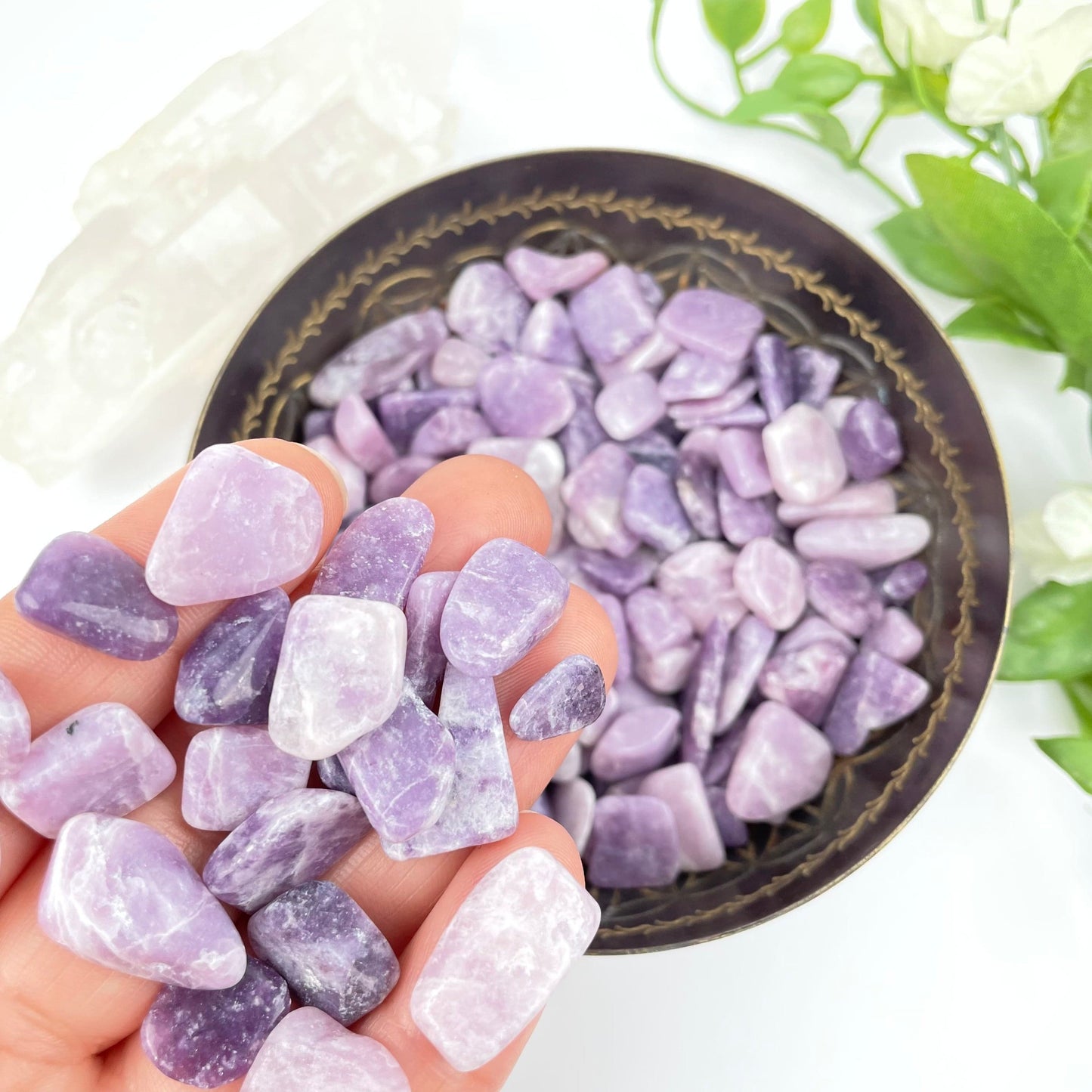 Lepidolite Tumbled Chips - Small Freeform Pieces in hand for size reference 